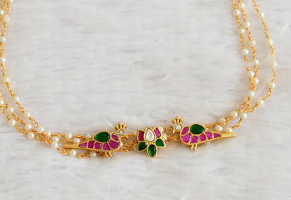 Gold tone pink-green kundan jadau lotus bird choker necklace set dj-43625