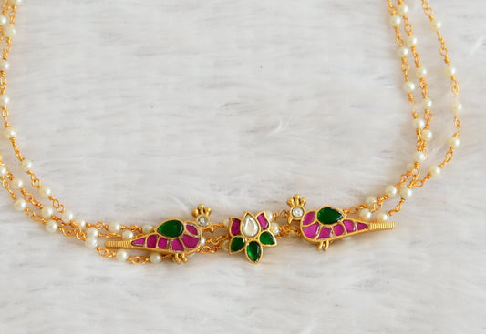 Gold tone pink-green kundan jadau lotus bird choker necklace set dj-43625