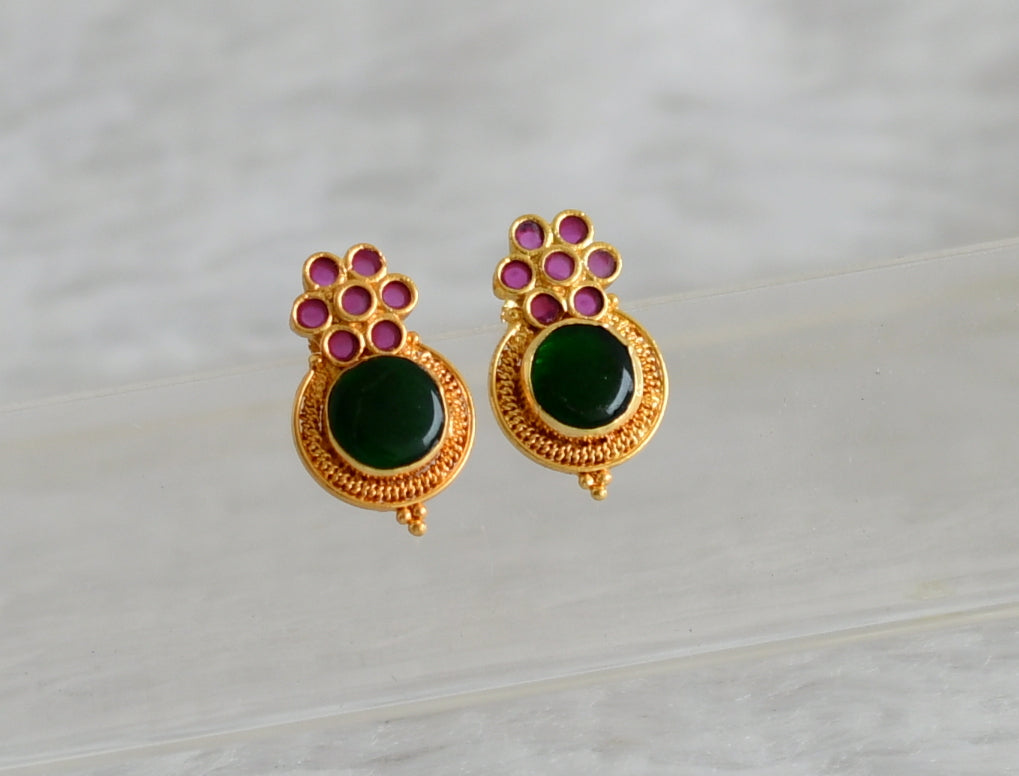 Gold tone kerala style ruby-green round flower earrings dj-48266