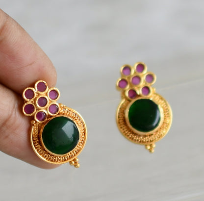 Gold tone kerala style ruby-green round flower earrings dj-48266