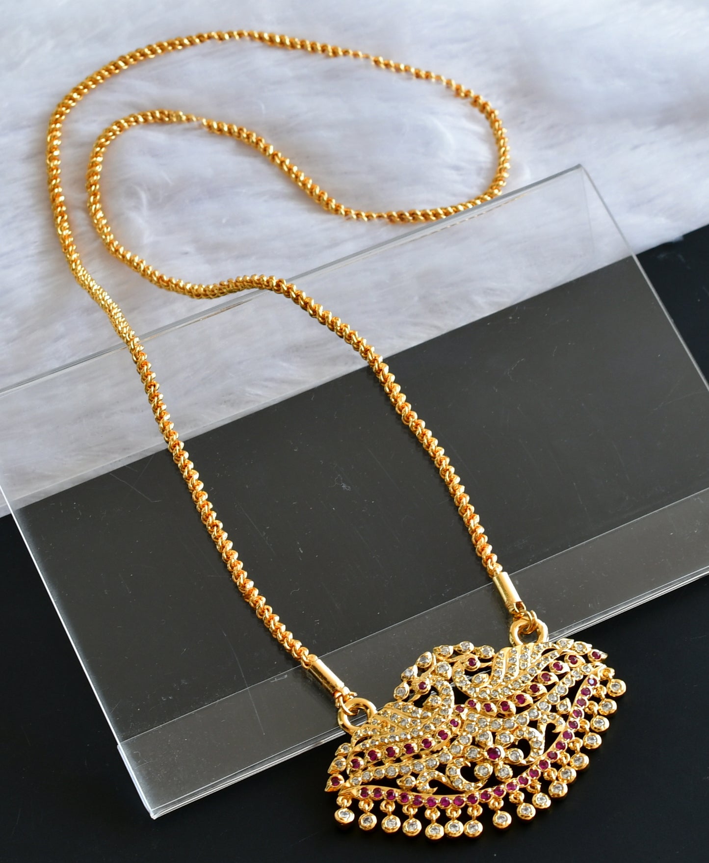 Gold Tone AD White-pink Peacock Pendant Chain DJ27708