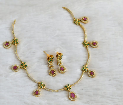 Matte finish cz ruby-green-white flower necklace set dj-45246