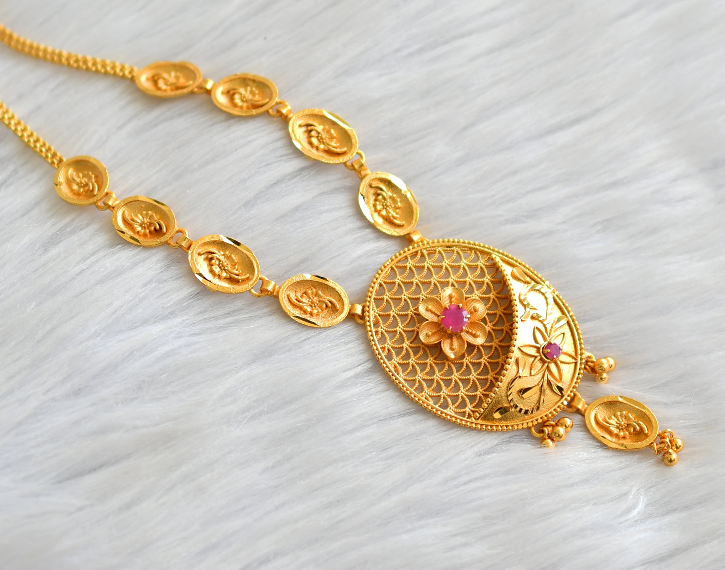 Matte gold tone kerala style ruby flower necklace dj-43339