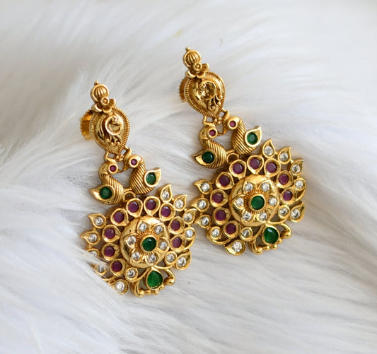 Antique gold tone ruby-green-white peacock flower earrings dj-44862