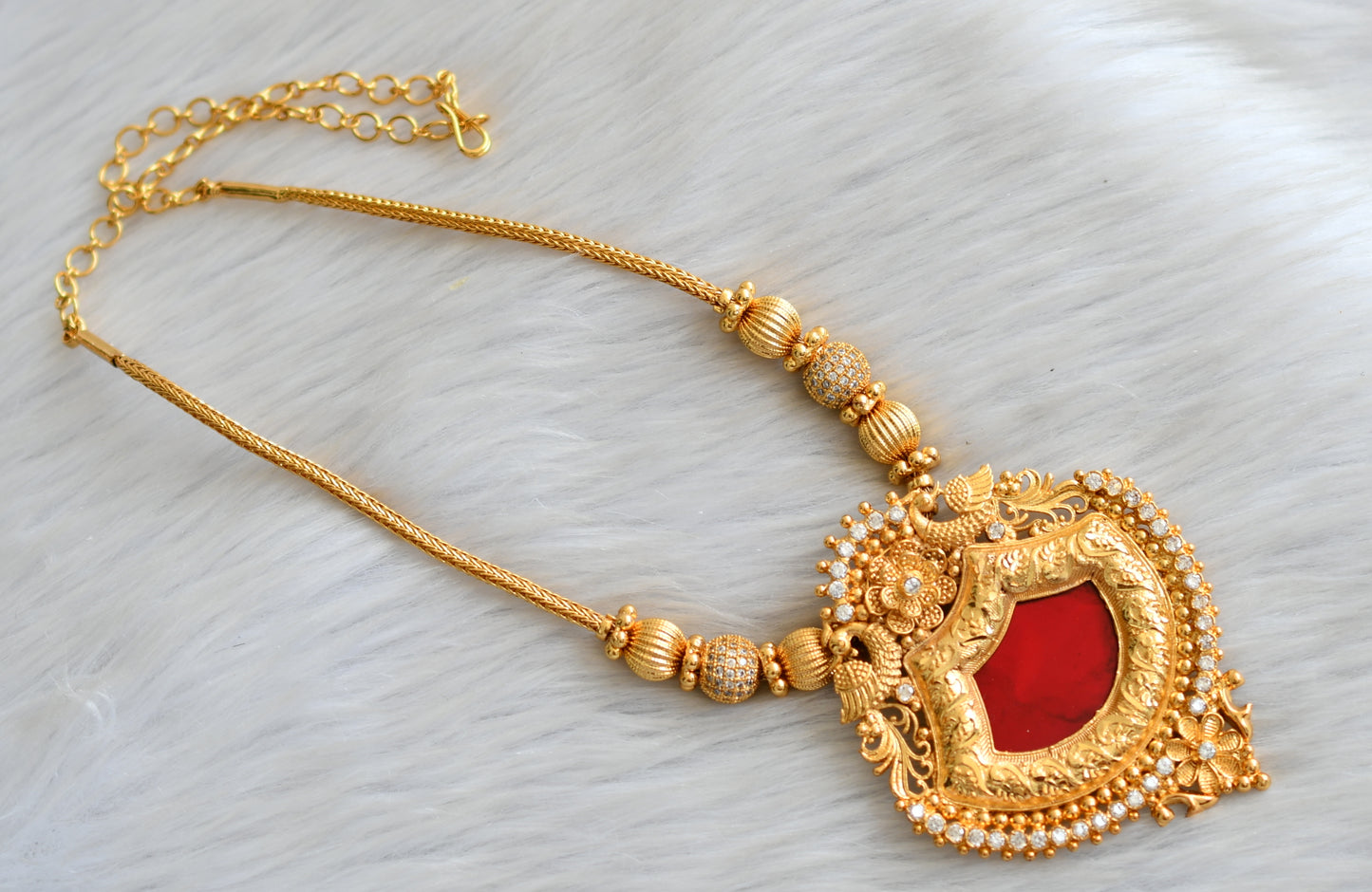 Gold tone white stone red palakka Kerala style kodi necklace dj-42081