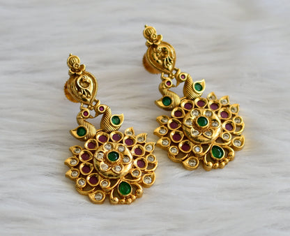 Antique gold tone ruby-green-white peacock flower earrings dj-44862