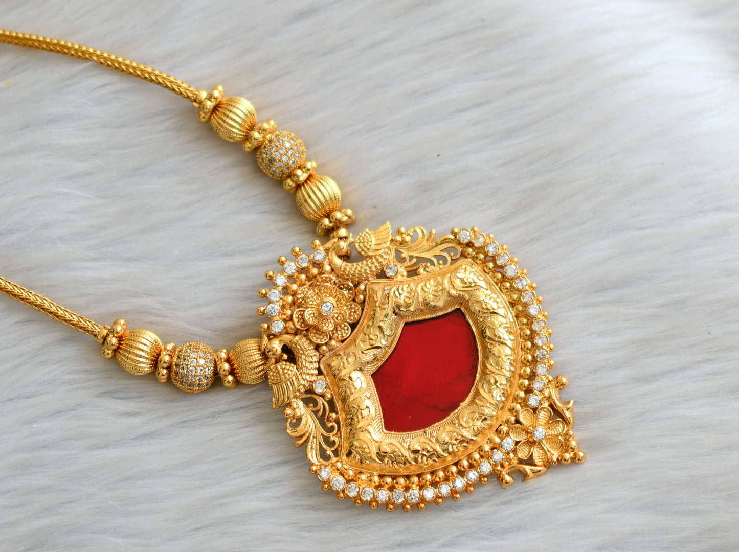 Gold tone white stone red palakka Kerala style kodi necklace dj-42081