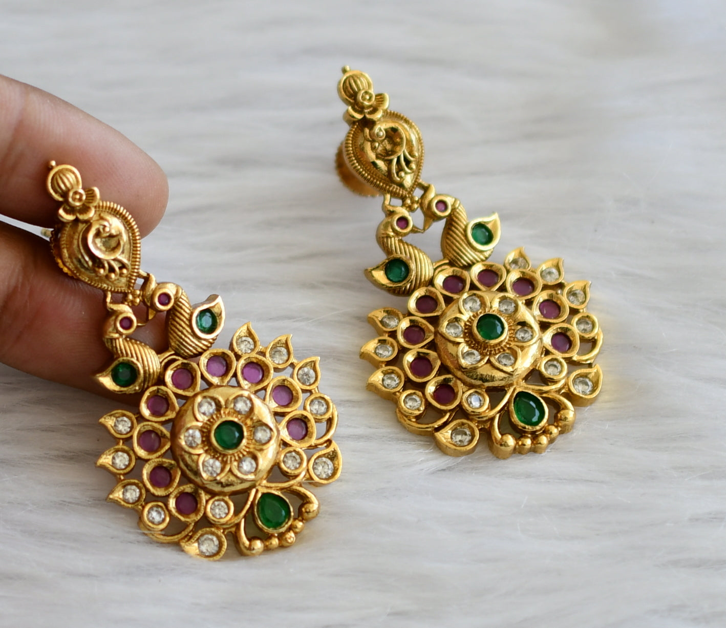 Antique gold tone ruby-green-white peacock flower earrings dj-44862