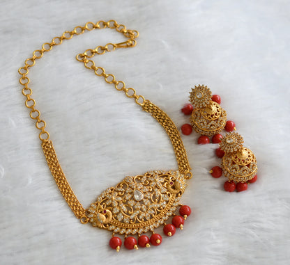 Matte finish cz white-coral beads peacock choker necklace set dj-46574