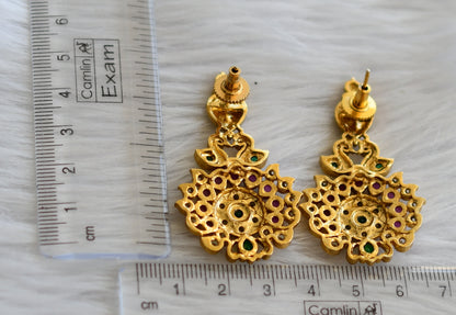 Antique gold tone ruby-green-white peacock flower earrings dj-44862