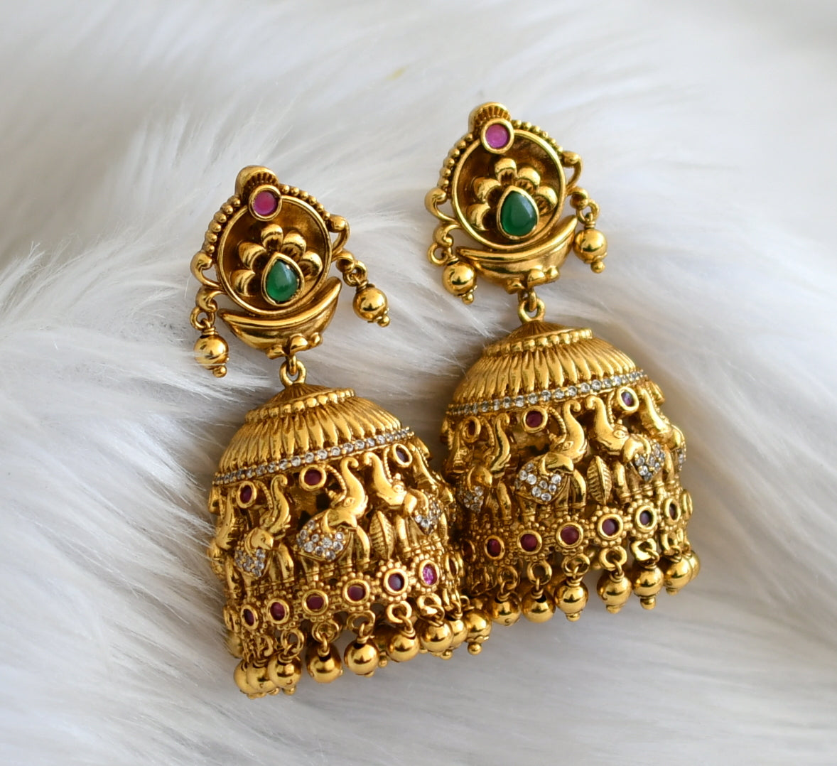 Antique gold tone kemp-green-white elephant jhumkka dj-44861