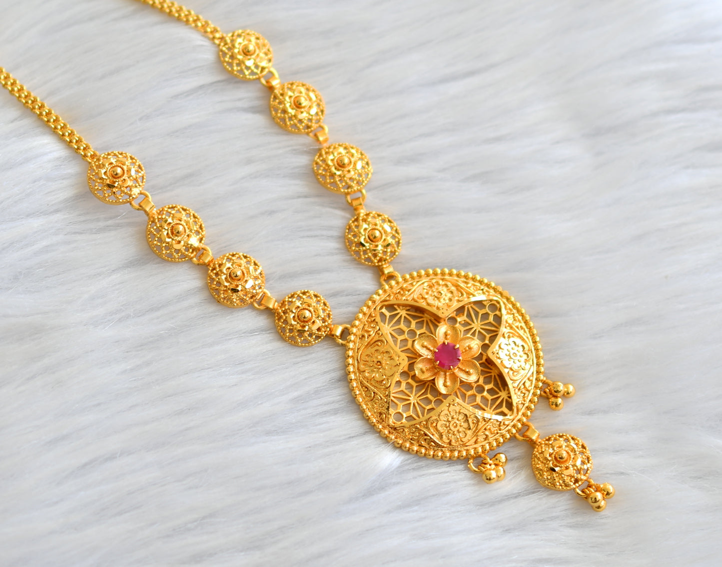 Matte gold tone kerala style ruby round necklace dj-43338