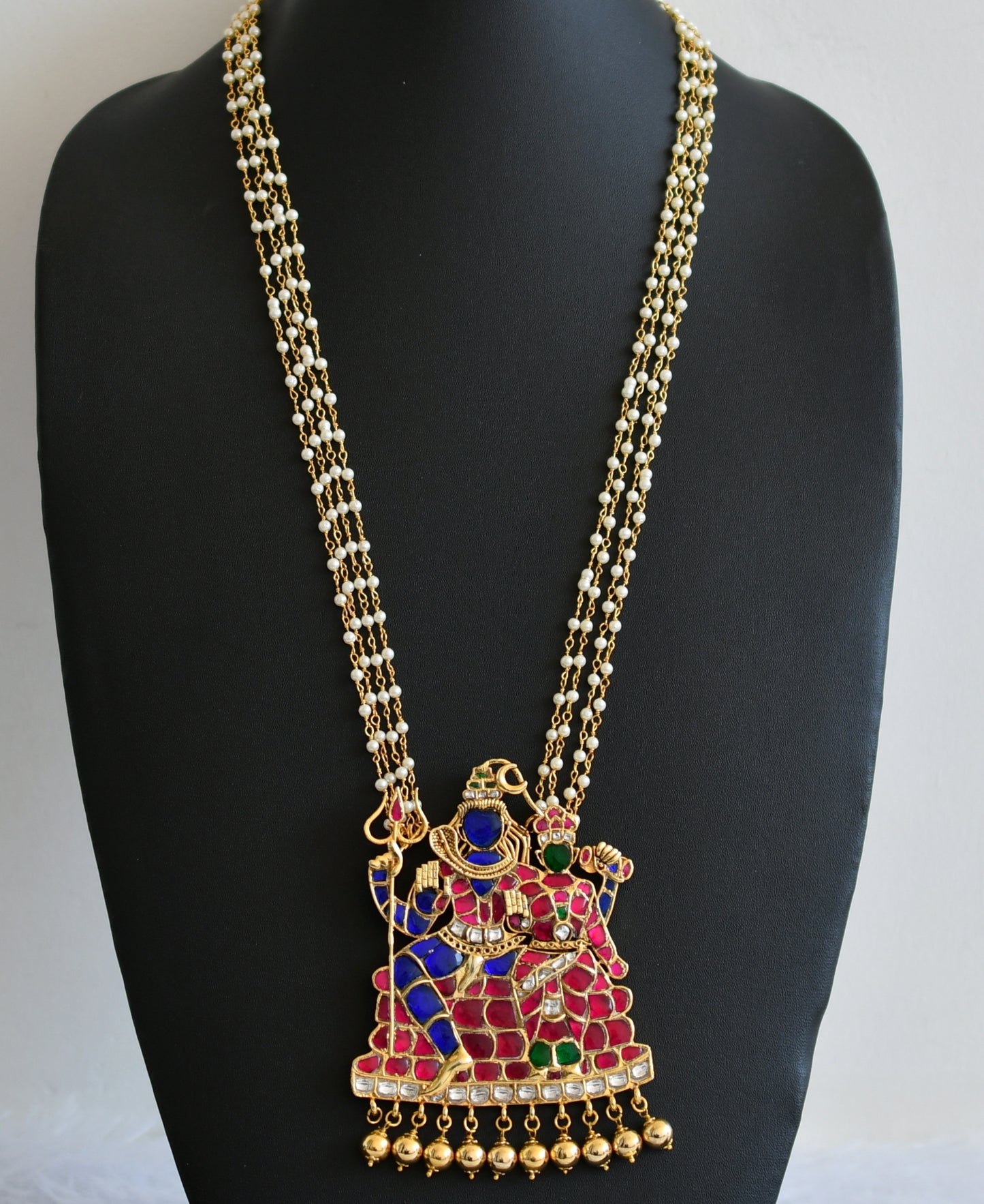 Gold tone pink-green-white-blue kundan jadau shiva-parvathi pendant with pearl chain dj-50268