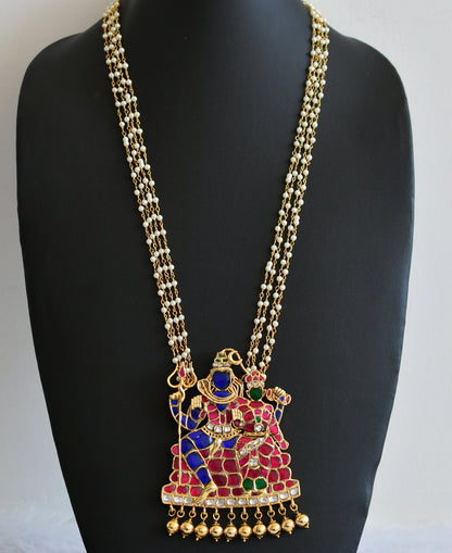 Gold tone pink-green-white-blue kundan jadau shiva-parvathi pendant with pearl chain dj-50268