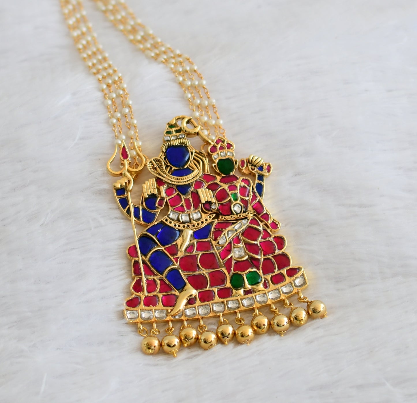 Gold tone pink-green-white-blue kundan jadau shiva-parvathi pendant with pearl chain dj-50268