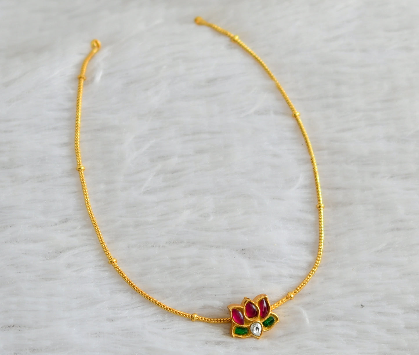 Gold tone pink-green-white kundan jadau lotus kid's choker necklace dj-48280