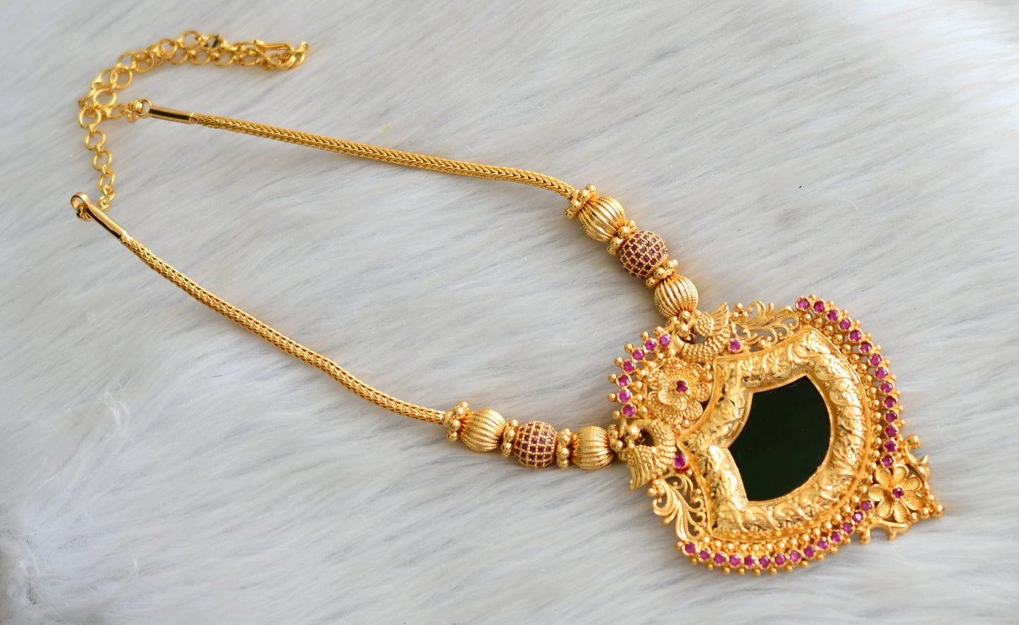 Gold tone ruby stone green palakka Kerala style kodi necklace dj-42083