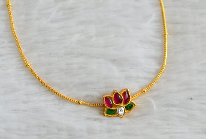 Gold tone pink-green-white kundan jadau lotus kid's choker necklace dj-48280