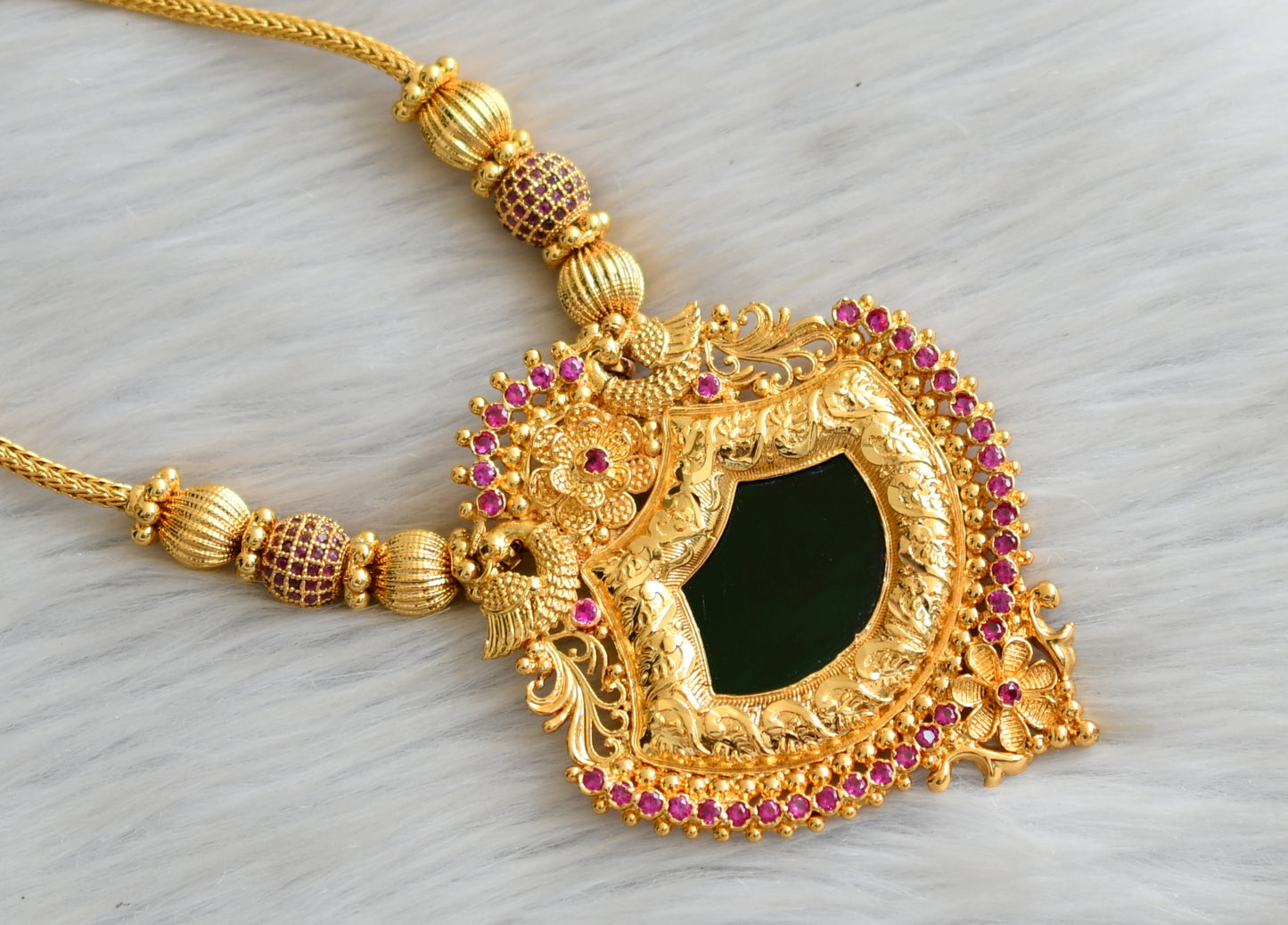 Gold tone ruby stone green palakka Kerala style kodi necklace dj-42083