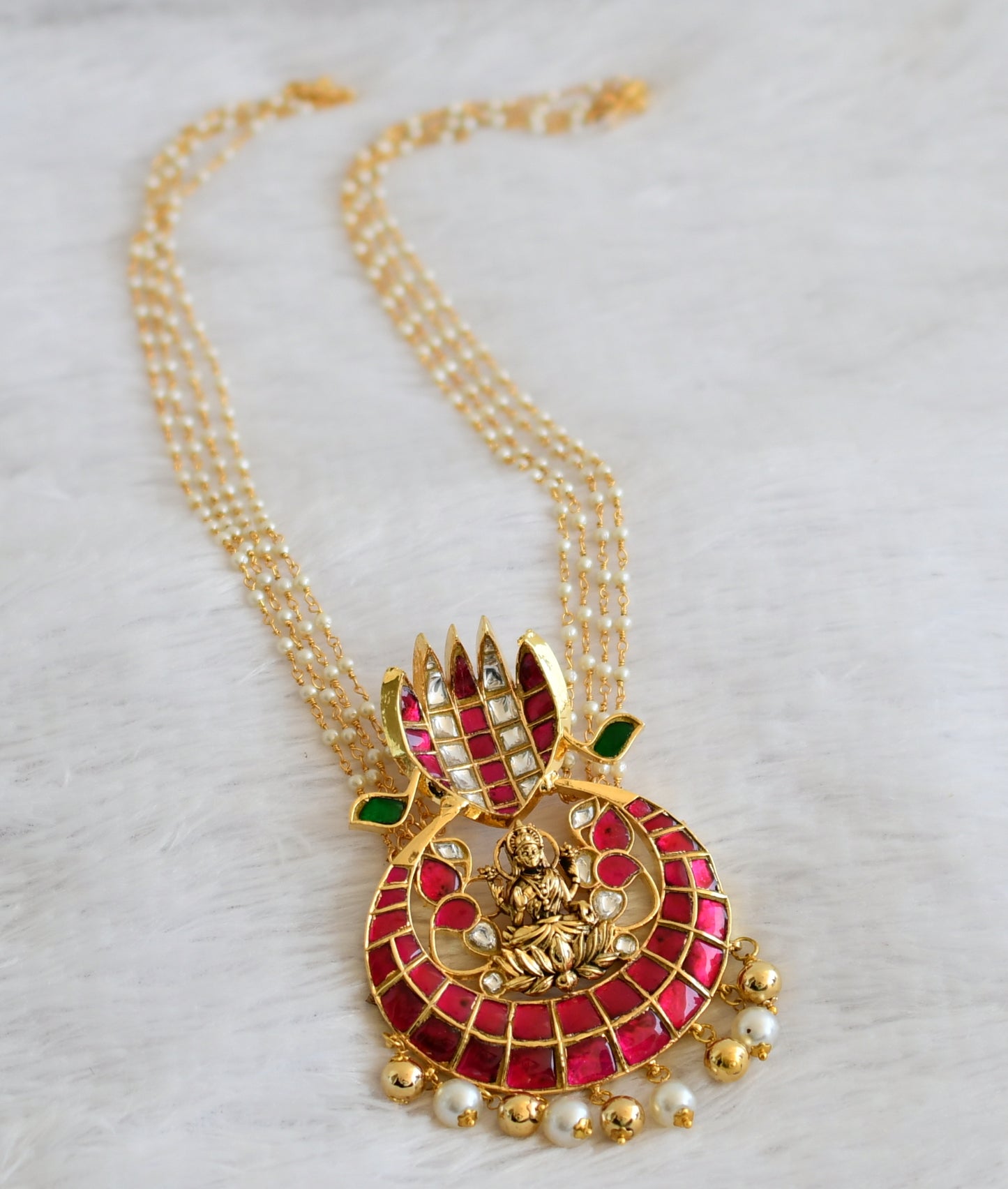 Gold tone pink-green-white kundan jadau naga lakshmi pendant with pearl chain dj-50269