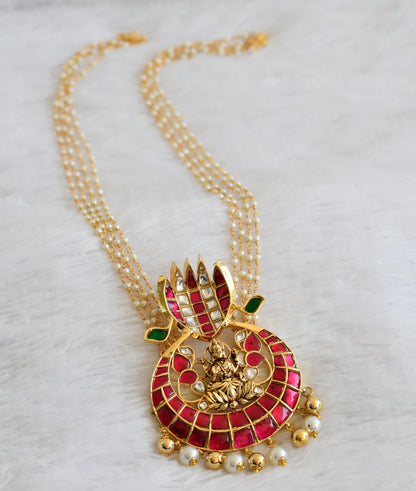 Gold tone pink-green-white kundan jadau naga lakshmi pendant with pearl chain dj-50269