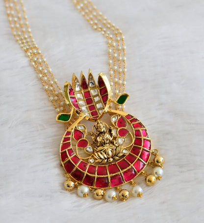 Gold tone pink-green-white kundan jadau naga lakshmi pendant with pearl chain dj-50269