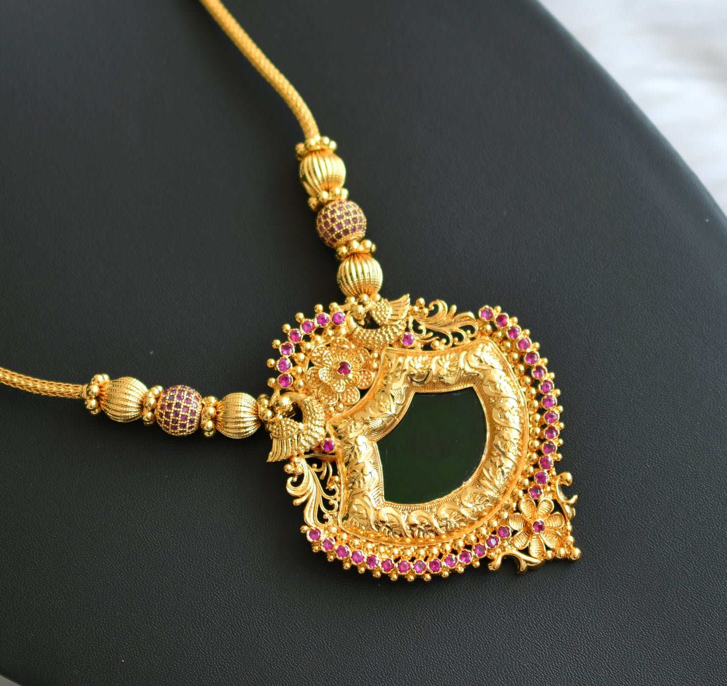 Gold tone ruby stone green palakka Kerala style kodi necklace dj-42083