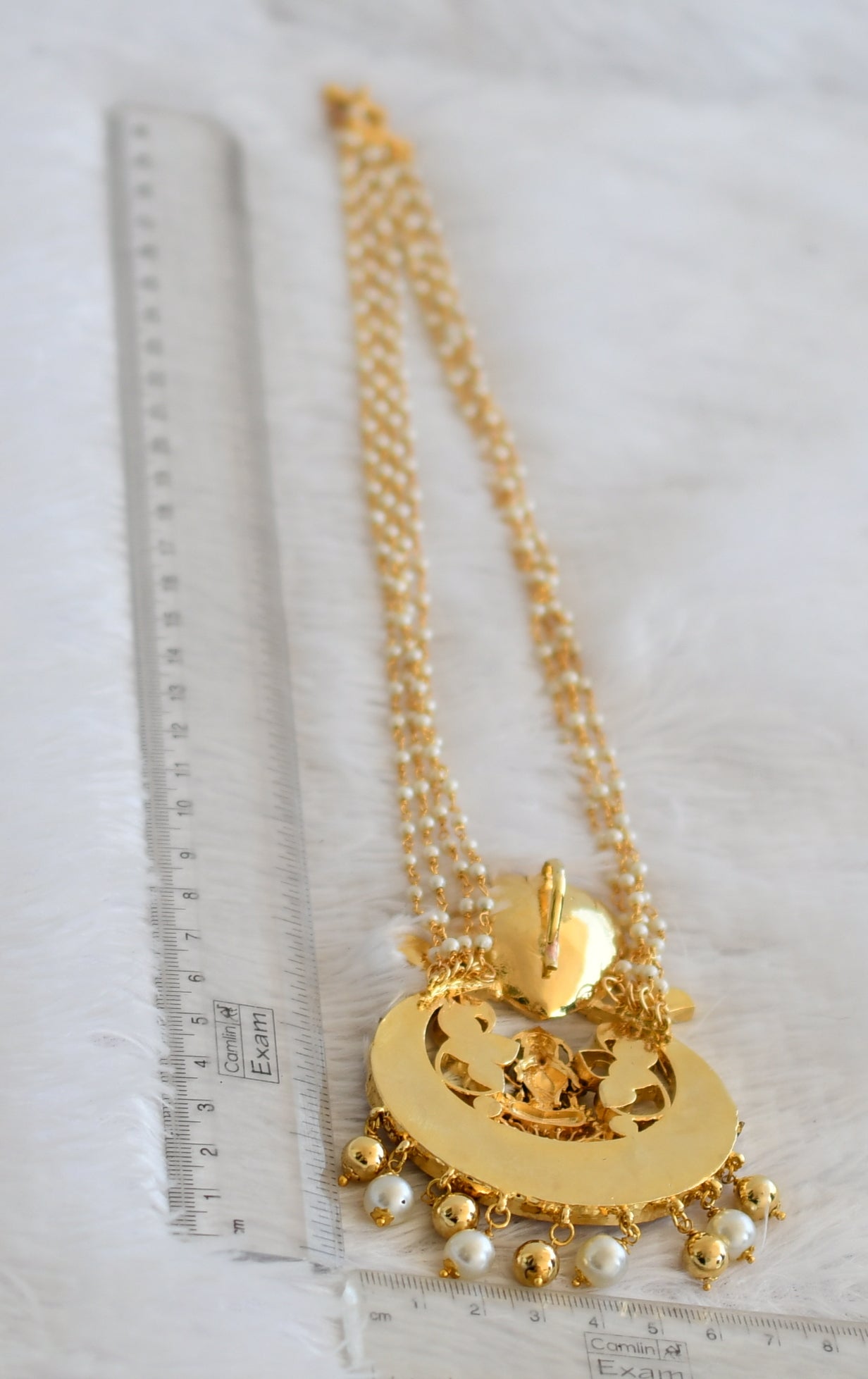 Gold tone pink-green-white kundan jadau naga lakshmi pendant with pearl chain dj-50269