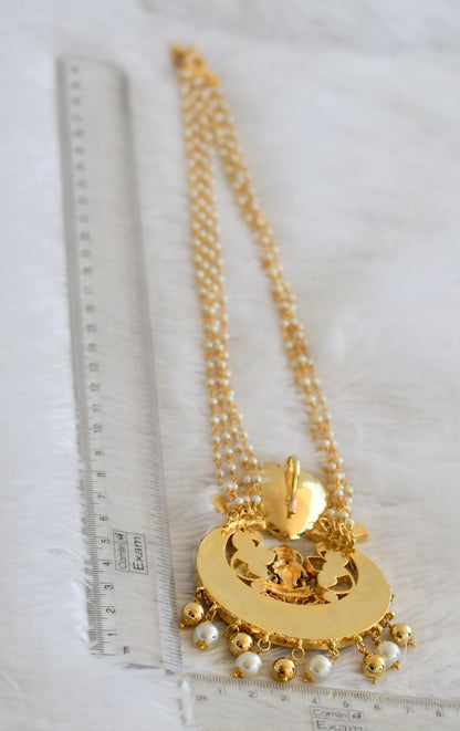Gold tone pink-green-white kundan jadau naga lakshmi pendant with pearl chain dj-50269