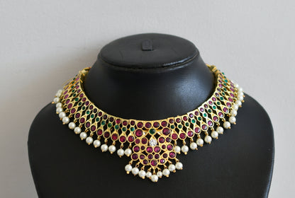 Gold tone precious kemp-green-white pearl bead choker necklace dj-50273