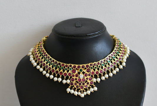 Gold tone precious kemp-green-white pearl bead choker necklace dj-50273