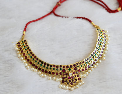 Gold tone precious kemp-green-white pearl bead choker necklace dj-50273