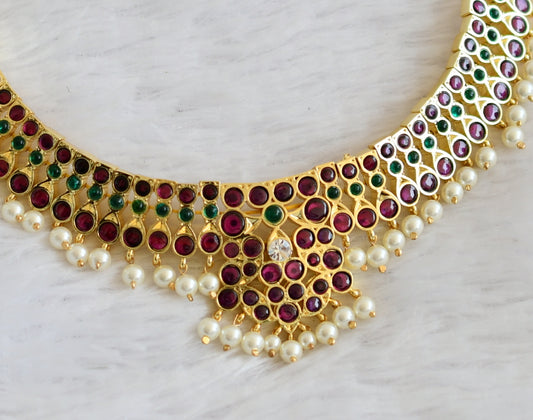 Gold tone precious kemp-green-white pearl bead choker necklace dj-50273