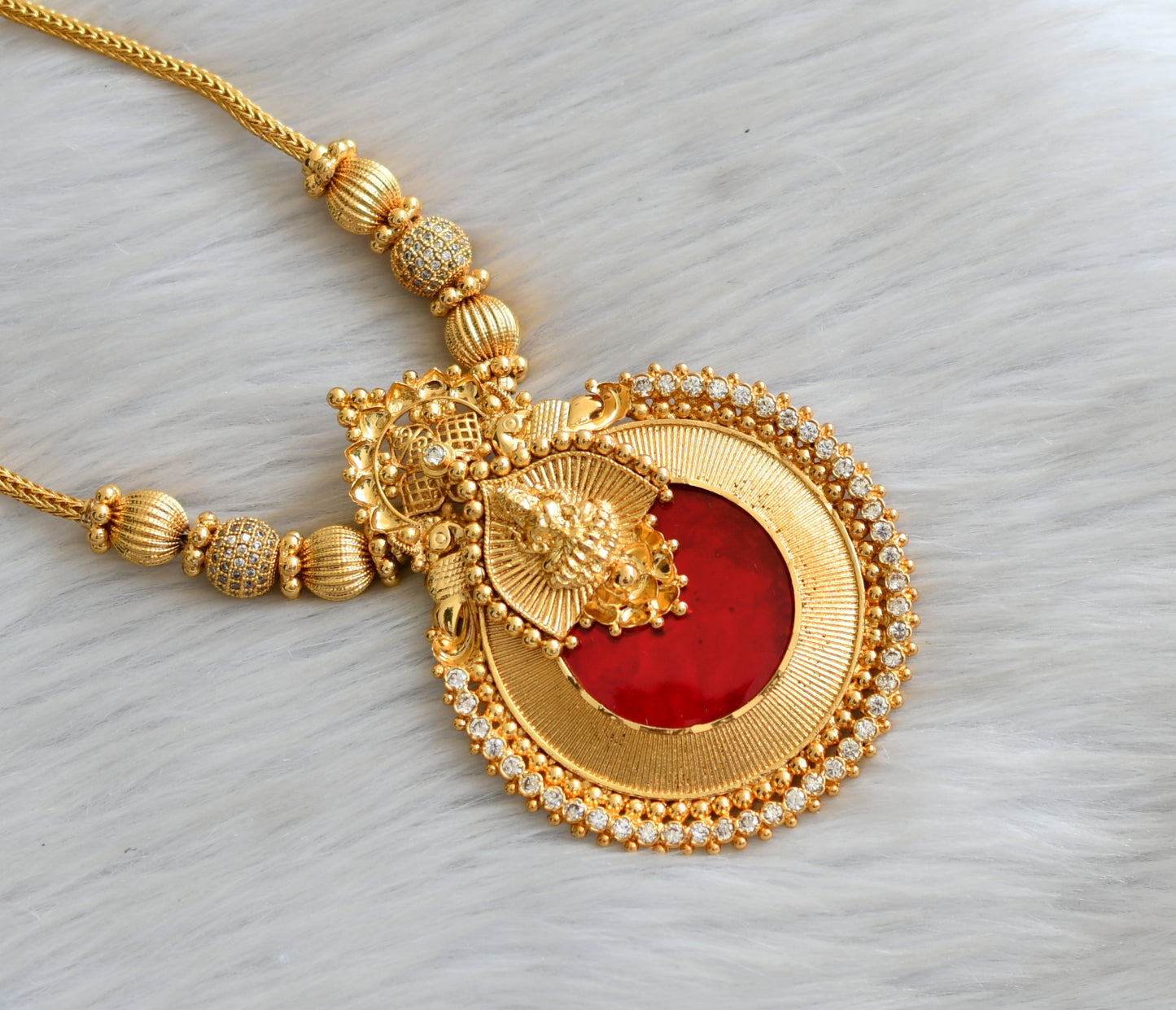 Gold tone white stone red round Lakshmi Kerala style kodi necklace dj-42087