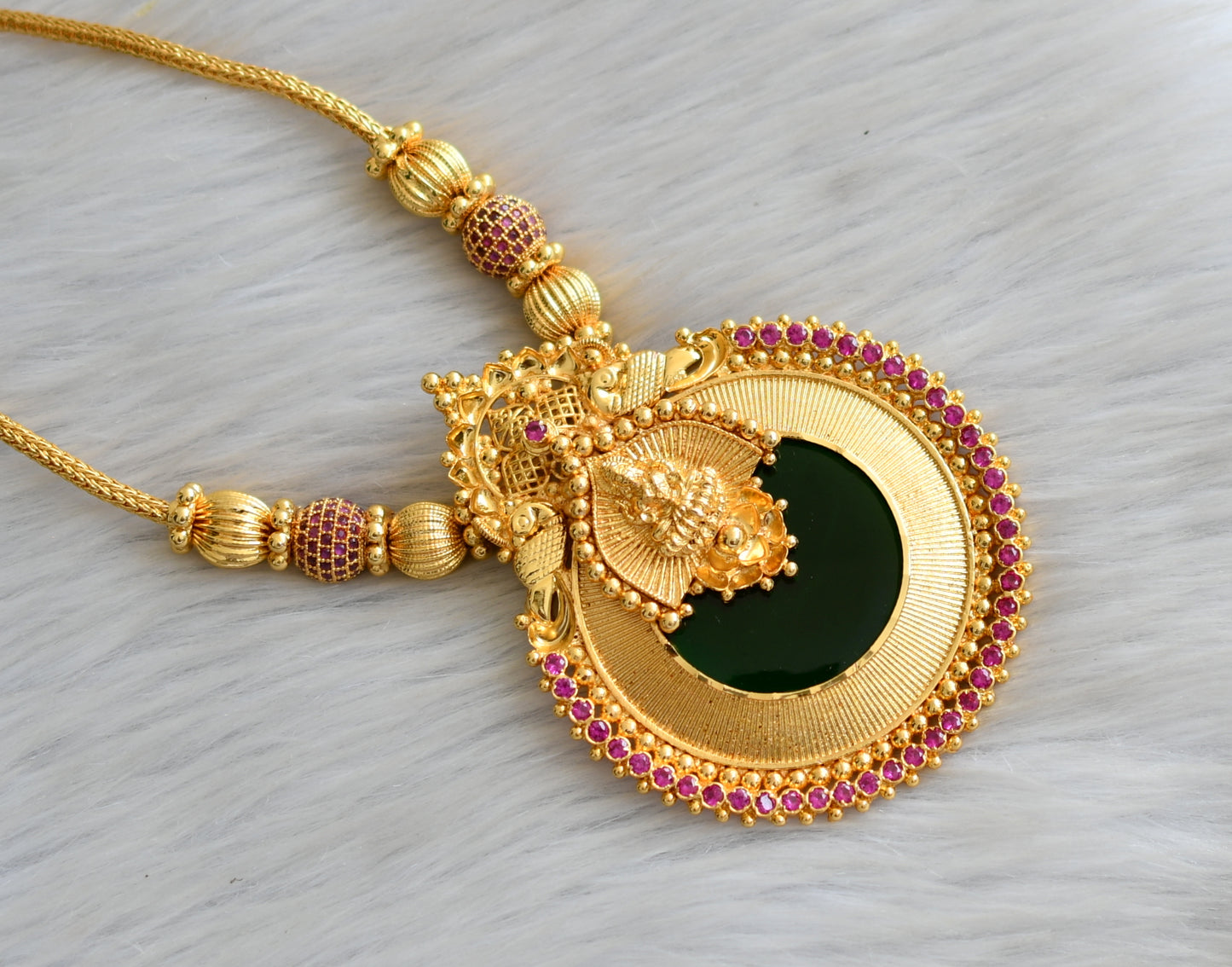 Gold tone ruby stone green round Lakshmi Kerala style kodi necklace dj-42088