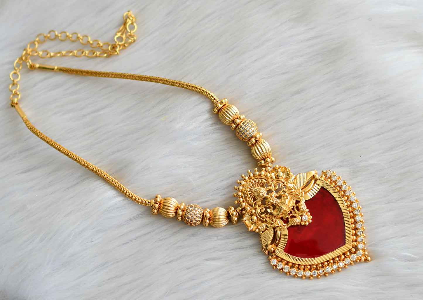 Gold tone white stone red palakka Lakshmi Kerala style kodi necklace dj-42084