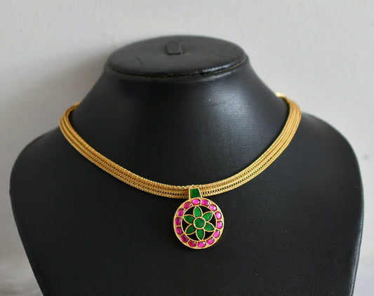 Matte finish pink-green kundan jadau round flower choker necklace dj-48281