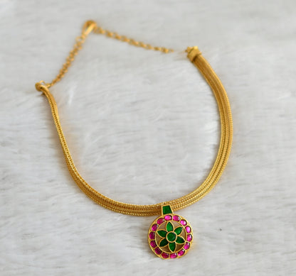 Matte finish pink-green kundan jadau round flower choker necklace dj-48281