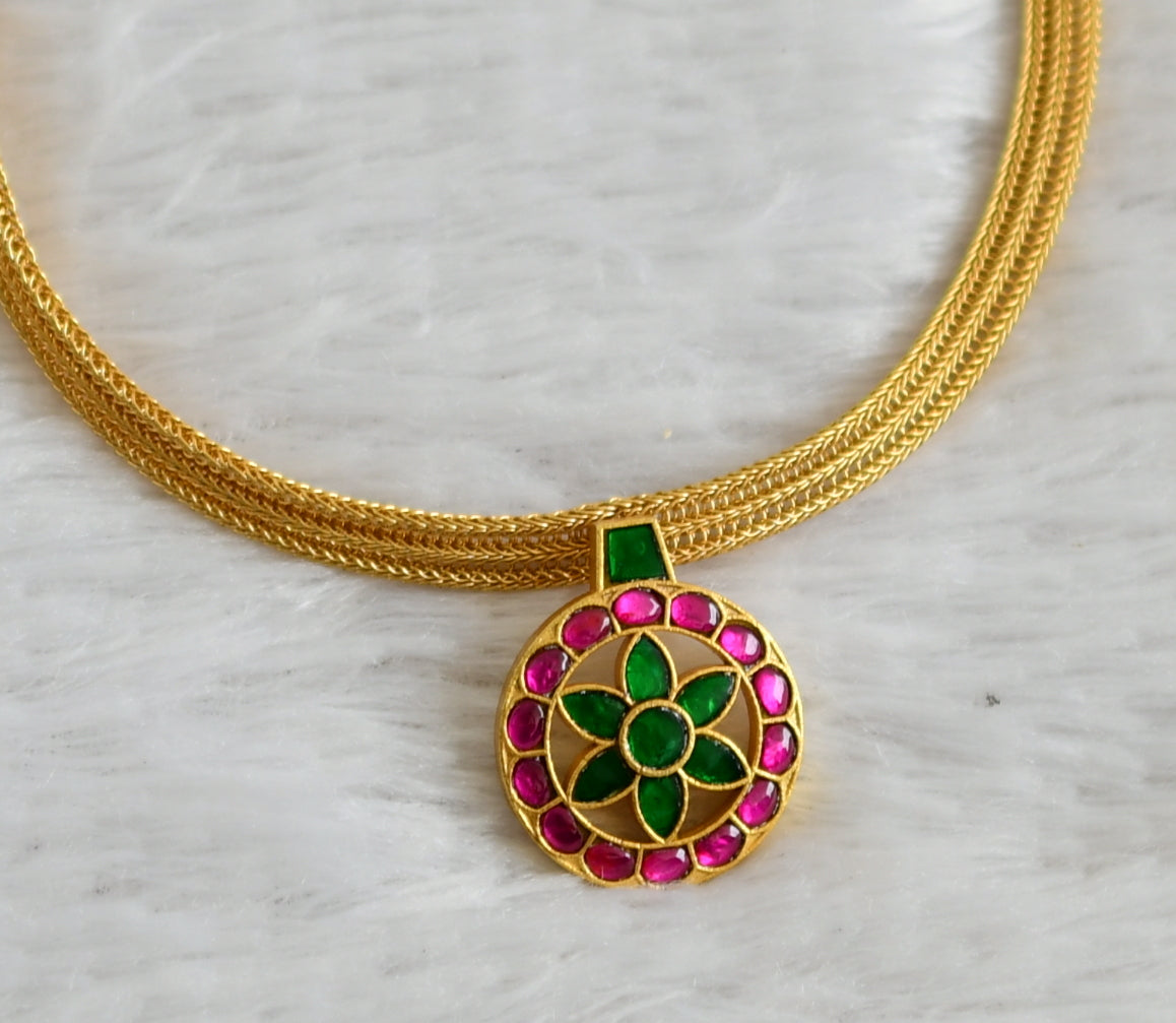 Matte finish pink-green kundan jadau round flower choker necklace dj-48281