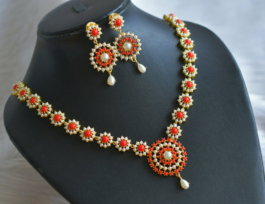 Gold tone coral-pearl round necklace set dj-44890