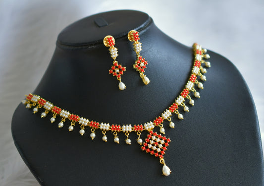 Gold tone coral-pearl stone necklace set dj-44886