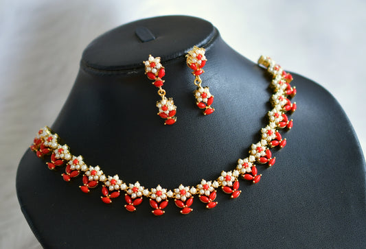 Gold tone coral-pearl stone flower necklace set dj-44887