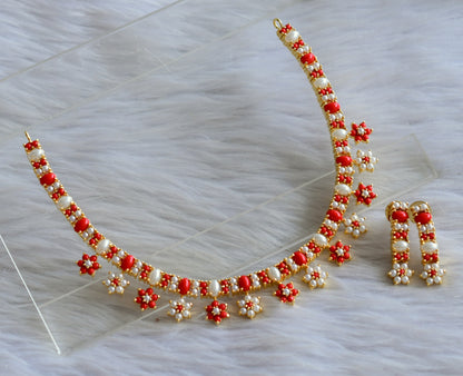 Gold tone coral-pearl flower necklace set dj-44889