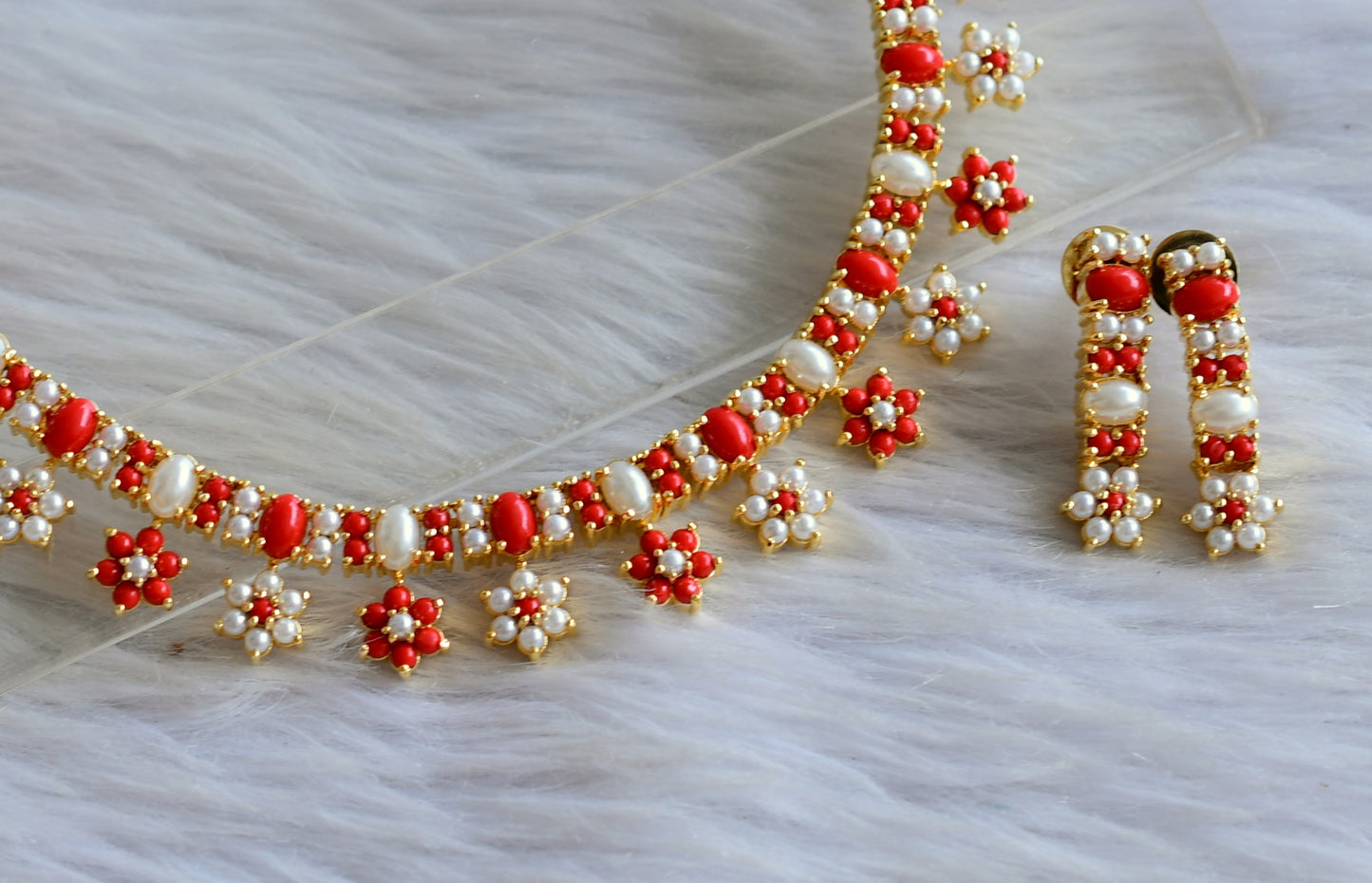 Gold tone coral-pearl flower necklace set dj-44889