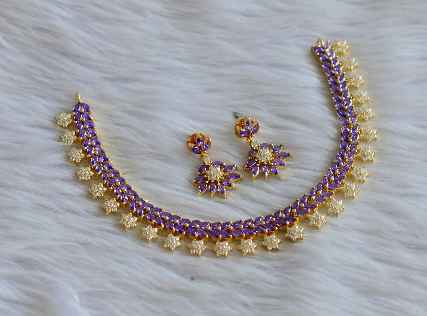 Gold tone ad purple-white stone flower necklace set dj-44883