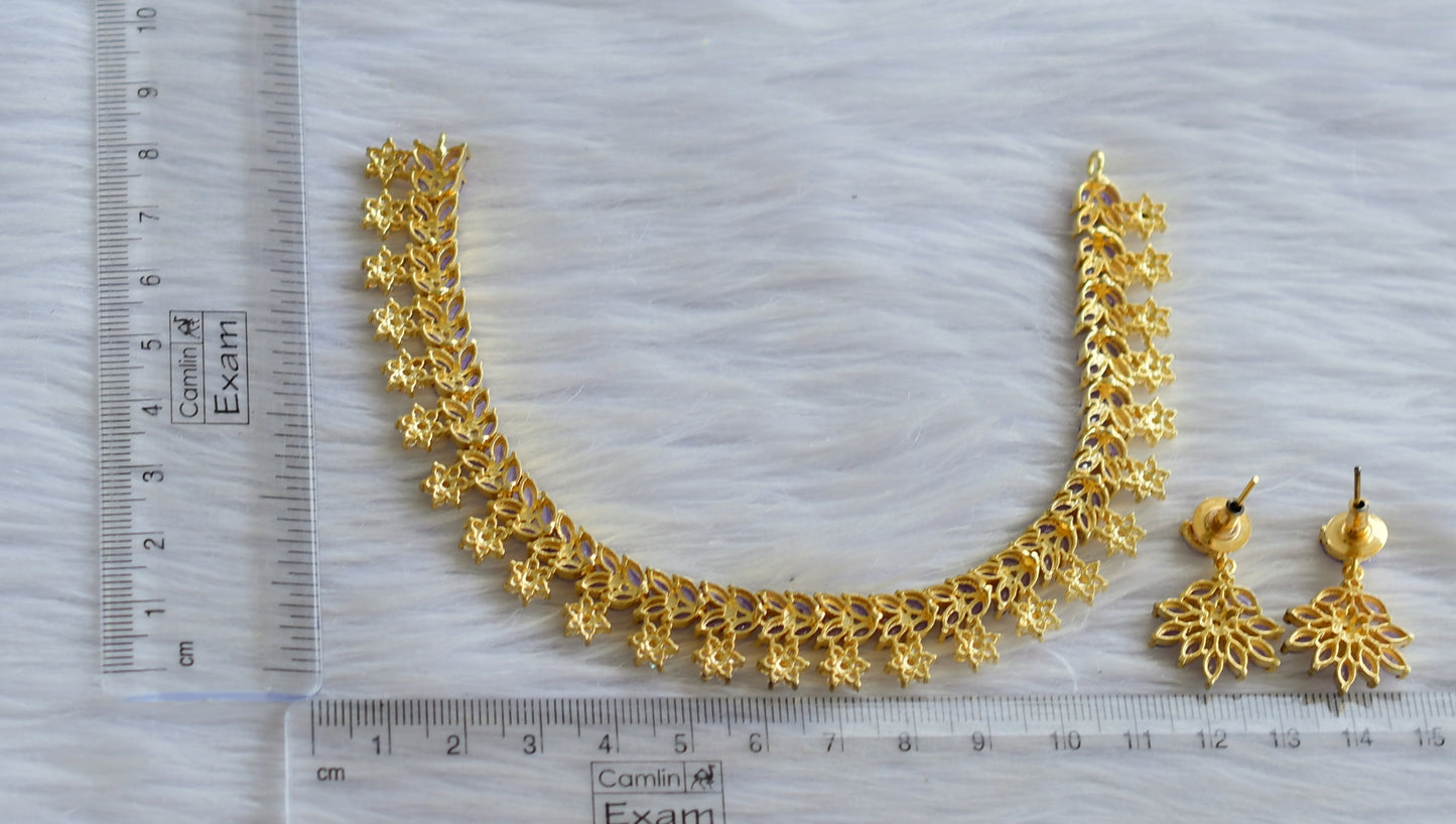 Gold tone ad purple-white stone flower necklace set dj-44883