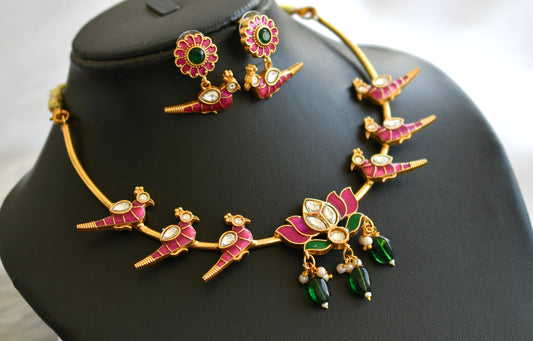 Gold tone pink-green lotus peacock enamel necklace set dj-43359