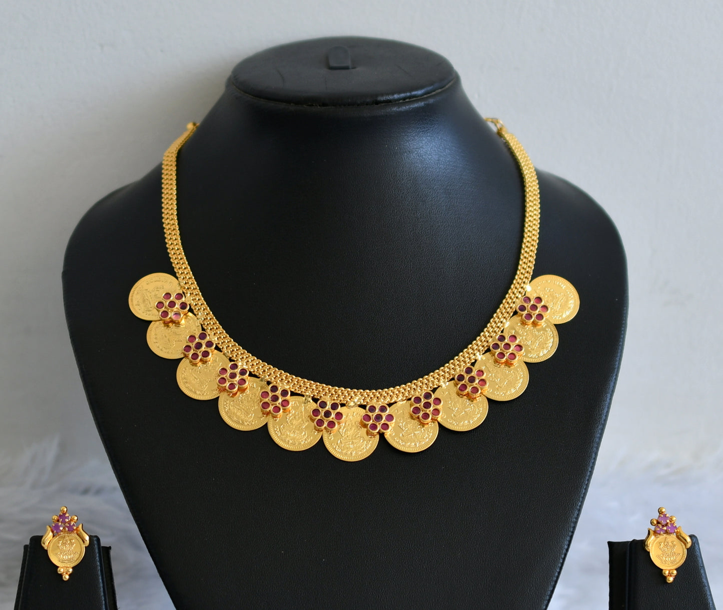 Gold tone ruby stone lakshmi coin flower necklace set dj-50281