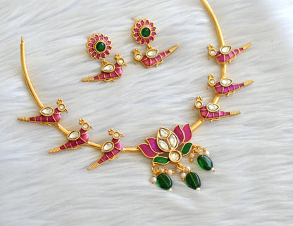 Gold tone pink-green lotus peacock enamel necklace set dj-43359