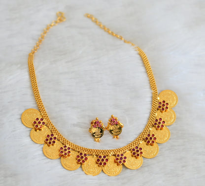 Gold tone ruby stone lakshmi coin flower necklace set dj-50281